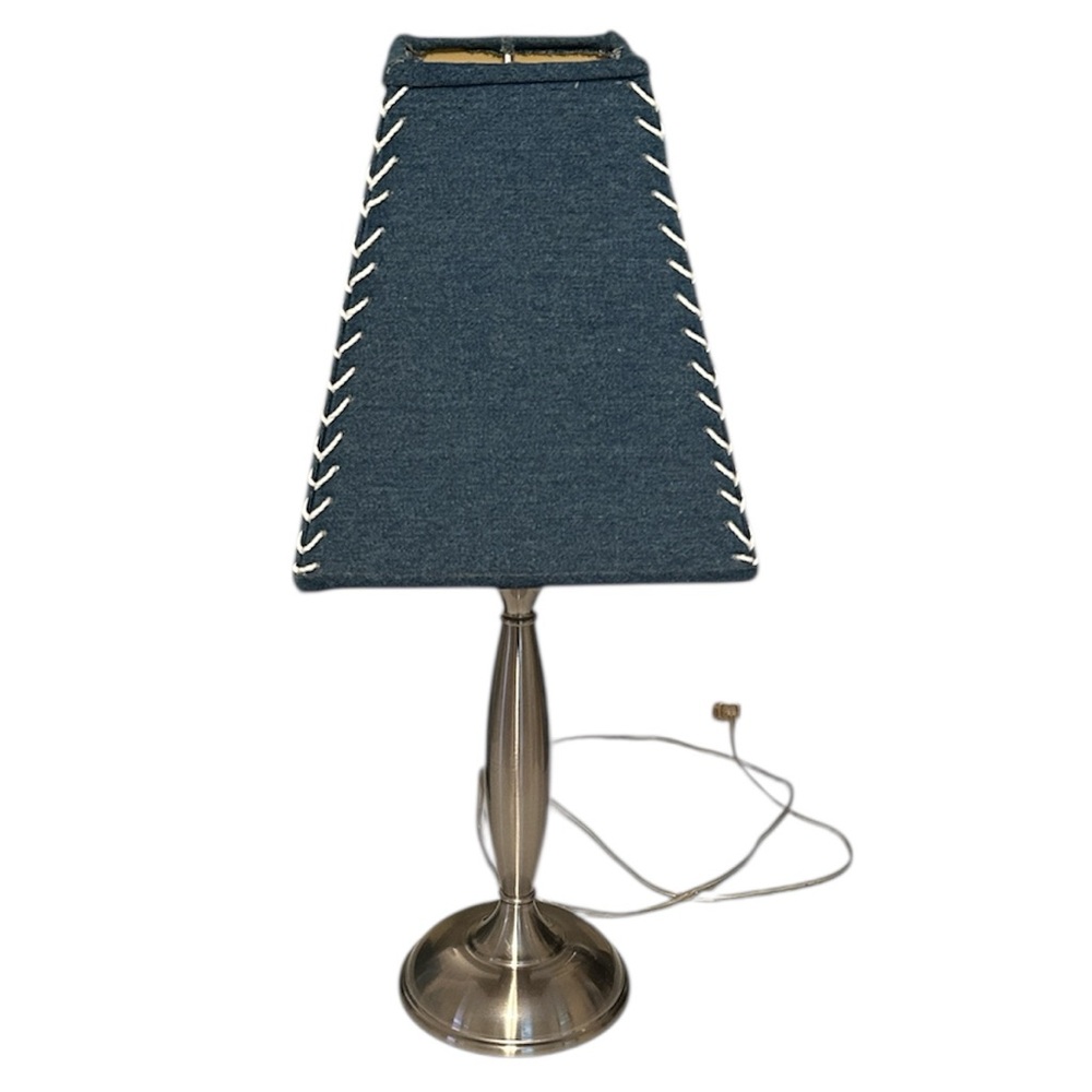 Pottery Barn Silver 3-way touch lamp. Denim baseball‎ stitch square lampshade.